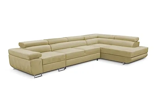 KREATIVE FURNITURE & DESIGN Ecksofa Rechts 343x88x203 cm - Sofa mit Schlaffunktion und geräumiger Bettdeckenbox für zusätzlichen Stauraum. Der hydrophobe Stoff sorgt für einfache Reinigung, während die verstellbaren Kopfstützen maximalen Komfort bieten.