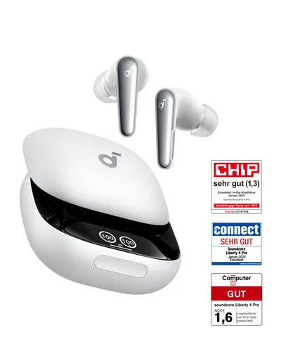 soundcore Liberty 4 Pro von Anker - Kabellose Noise Cancelling Kopfhörer - Kopfhörer mit 7 Sensoren für unvergleichliches Noise Cancelling, Hi-Fi-Musik auf Studio-Niveau und superschnelles Laden für bis zu 40 Std. Spielzeit.