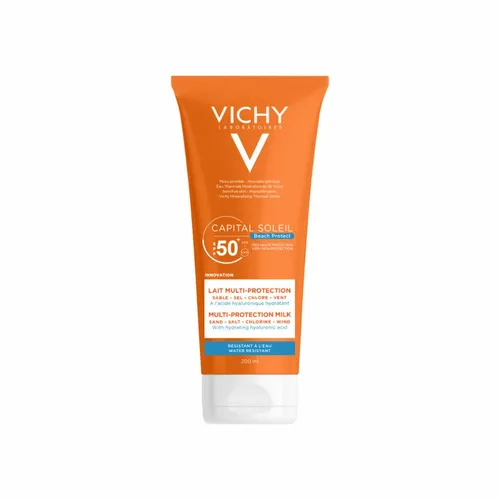 Vichy Sonnenschutzcreme i.soleil lait mul.prot SPF 50 - 200ml - Vichy Sonnenschutzcreme SPF 50, ideal für Strandliebhaber. Schützt die Haut mit innovativer Multi-Schutz-Formel und spendet intensive Feuchtigkeit durch Hyaluronsäure. Dermatologisch getestet, auch für empfindliche Haut geeignet.