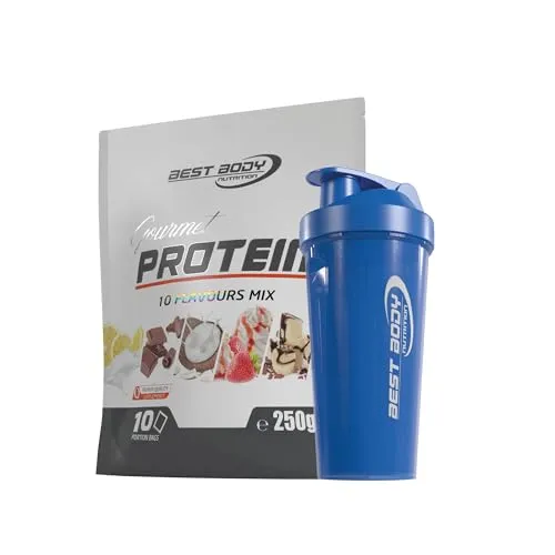 Best Body Nutrition Gourmet 4 Komponenten Protein Eiweißshake Mix Beutel (10 x 25 g) - Set inkl. Protein Shaker/Gratiszugabe (Mix-Beutel, Best Body Shaker - Blau)