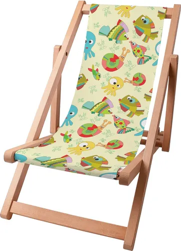 Dreamroots Kinder Liegestuhl klappbar Holz, bis zu 130 kg, Sonnenliege klappbar mit 3-stufiger Neigungsregulierung der Rückenlehne, Funny Sea Animals