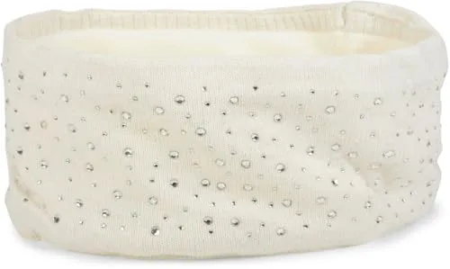 styleBREAKER Stirnband Damen Winter mit Strasssteinen und Fleece Innenfutter | warmes elastisches Feinstrick Haarband gefüttert | Glitzer Headband für kalte Tage, Farbe:Creme-Weiß