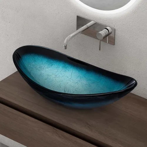 doporro Aufsatzwaschbecken Minerva08 - Blaues Glaswaschbecken - Elegantes Aufsatzwaschbecken aus robustem Glas in Blau, ideal für jedes Badezimmer. Die nahtlose Fertigung und abgerundeten Kanten sorgen für Sicherheit und Stil.