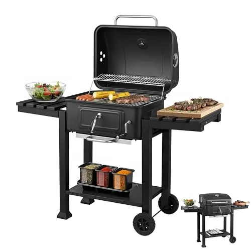 Steinborg® Holzkohlegrill mit Deckel & Thermometer – Mobiler BBQ Grillwagen für perfektes Grillvergnügen