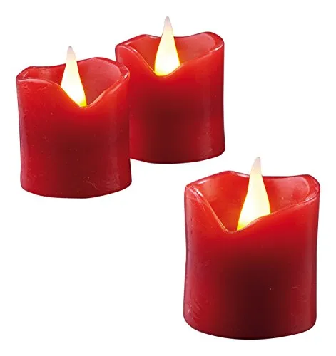 hellum LED Wachskerze 6 Stück, Ø 5cm x 5cm hoch, LED Kerzen rot mit flackernde Flamme, Kerzen mit Batterien (6x CR2032 inkl.), Weihnachtsbeleuchtung Deko, Echtwachs 572117