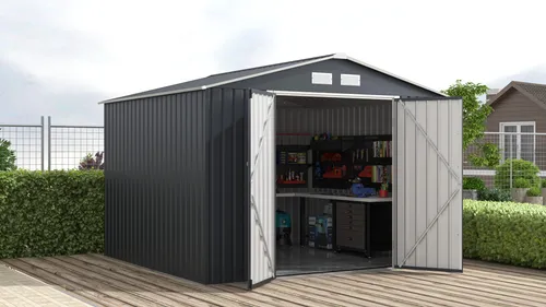 KONIFERA Gerätehaus Metall, 277x259 cm - Geräteschuppen aus wetterfestem Metall, inkl. Bodenrahmen, nahezu wartungsfrei und ideal für die Aufbewahrung im Garten.