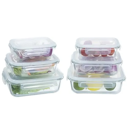 Navaris 6er Set Glasbehälter mit Deckel - Vorratsdosen-Sets aus nachhaltigem, starkem Glas. Mit luftdichten Deckeln für frische Lebensmittel und vielseitig einsetzbar für Meal Prep, Picknicks oder Camping.