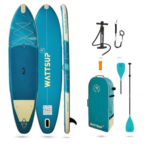 Wattsup Marlin 12'5 - Aufblasbares SUP Komplettset für Abenteuer - Aufblasbares SUP mit 378 x 89 x 15 cm, bis 185 kg belastbar. Ideal für Touring, Yoga und Fitness. Inklusive 2-in-1 Paddel, Leash, Pumpe und Transporttasche.