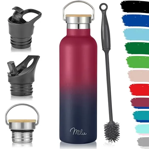 Milu Edelstahl Trinkflasche 500ml, 750ml, 1L (+3 Deckel) - Thermosflasche mit Strohhalm, Isolierte Wasserflasche, Auslaufsichere Isolierflasche doppelwandig, Kohlensäure geeignet (Berry Blau, 750ml)