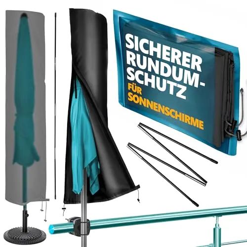 Menz Sonnenschirm Schutzhülle - Wetterfeste Schutzhülle für Schirm, Sonnenschirmhülle Ø 3 m / 2,5 x 1,5 m, robuste Schirmhülle mit Stab, Reißverschluss, Polyester Schirmabdeckung, Schwarz