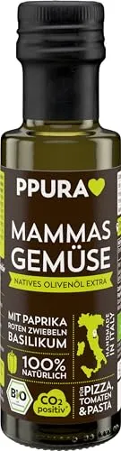 PPURA Natives Olivenöl Extra Mammas Gemüse 100ml – Aromatisches Bio-Olivenöl mit Paprika, Zwiebeln & Basilikum, 100% natürlichen Zutaten, ohne Farb- & Zusatzstoffe, handwerklich hergestellt