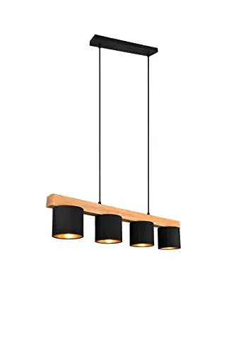 lightling Cameron Pendelleuchte - Moderne 4-flammige Hängeleuchte aus Holz und stylischen schwarz-gold Stoffschirmen, höhenverstellbar bis 150 cm – ideal für Esszimmer, Küche oder Wohnzimmer.