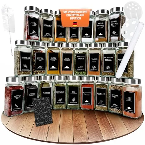 COMFORDER Gewürzgläser Set (25 Stück) – Perfekte Ordnung für Ihre Gewürze - Gewürzgläser Set für eine organisierte Küche mit 336 Etiketten und präzisen Streudeckeln. Ideal für schnellen Zugriff auf Ihre Lieblingsgewürze und Kräuter.