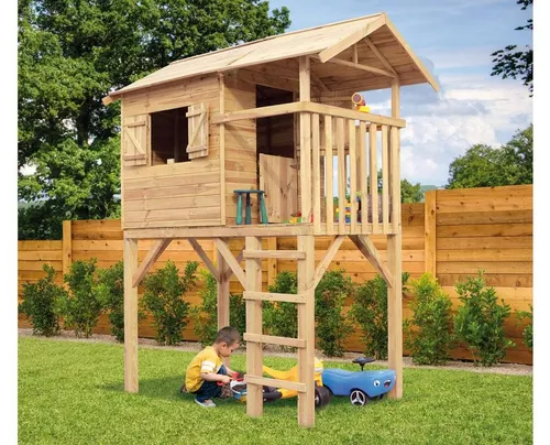 Prestige Garden Stelzenhaus Tree Hut Braun Grün – Kiefernholz Spielhaus mit Veranda und Rutsche - Das Prestige Garden Stelzenhaus