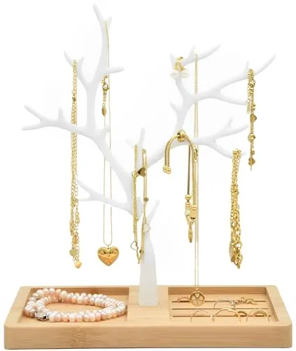 Galeara Schmuckbaum Weiß Gold – Eleganter Schmuckständer mit Bambusregal - Schmuckständer aus Aluminium mit einzigartigem Baumdesign. Praktische Aufbewahrung für Ringe und Schmuck in stilvollem Weiß, Gold und Roségold. Perfekt für Ihr Zuhause oder als Geschenk.