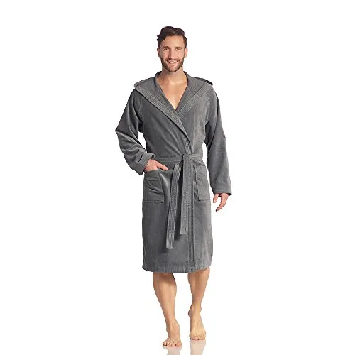 Vossen Unisex-Bademantel Texas - Bademantel aus Webvelours mit Kapuze und Gürtel, ideal für Sauna und Spa, kuschelig und pflegeleicht bei 60°C, für Damen und Herren in Kurzform.