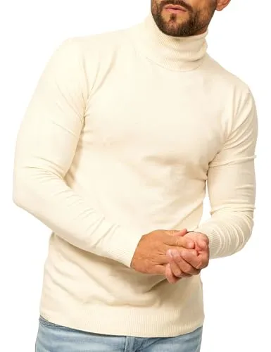 behype. Herren Rollkragenpullover als Strickpullover in Feinstrick - Langarmshirt Pulli Slim-Fit - Winterpullover Rollkragenshirt - Casual & Business Rolli DC_2800-Creme-S