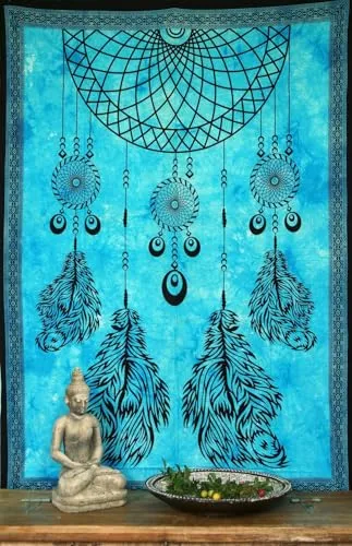 GURU SHOP Boho-Style Wandbehang, Indische Tagesdecke - Chakra Traumfänger/Türkis, Baumwolle, 190x140x0 cm