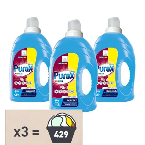PUROX COLOR Konzentrat Gel 143 Waschladungen x 3 Multipack 4,3 l je Flasche – Entfernt Flecken, Schont Farben, Phosphatfrei, Vollständig Ausspülbar, Ideal für Hand- und Maschinenwäsche