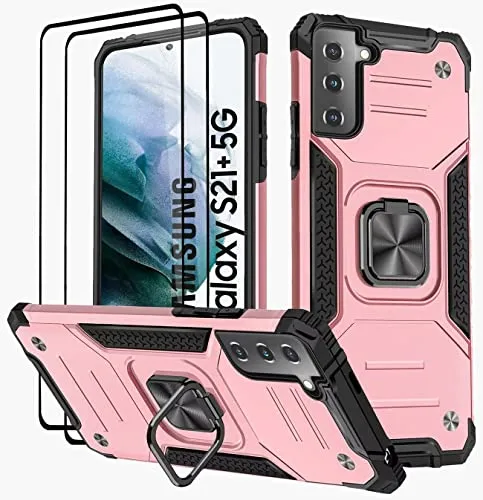 KANSi Hülle für Samsung Galaxy S21 Plus 5G, Schutzfolie [2 Stück] Silikon TPU Hart PC Handy Hüllen 360 Grad Drehbar Ringhalter Bumper Stoßdämpfung Schutzhülle - Rosé Gold