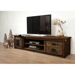 Massivmoebel24 TV-Board Mango 200x55x50 - Industrial Style mit Schubladen - Lowboard im angesagten Industrial-Style aus Mangoholz, mit zwei großen Schubladen und praktischen offenen Fächern für Receiver und Konsolen.