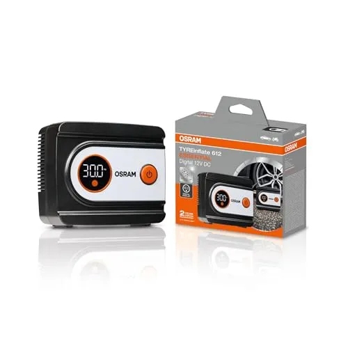 OSRAM TYREinflate 612 ESSENTIAL, digitaler Reifenfüller für schnelle Reifenfüllung - Digitaler Reifenfüller für 13-Zoll-Autoreifen, füllt in nur 4,5 Minuten. Mit großem Display zur Drucküberwachung und vielseitigen Adaptern für Sportgeräte und Freizeitartikel.