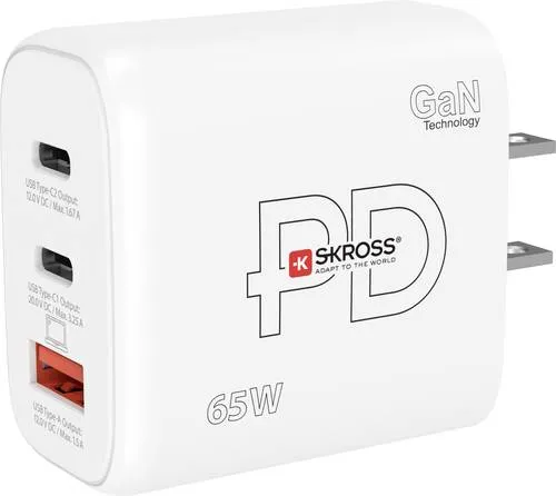 Skross Power Charger 65W PD GaN - Kompaktes USB Ladegerät - USB-Ladegeräte: Ultrakleines 65W GaN Ladegerät mit 2x USB-C und 1x USB-A, ideal für schnelles Laden von Laptop und USB-Geräten.