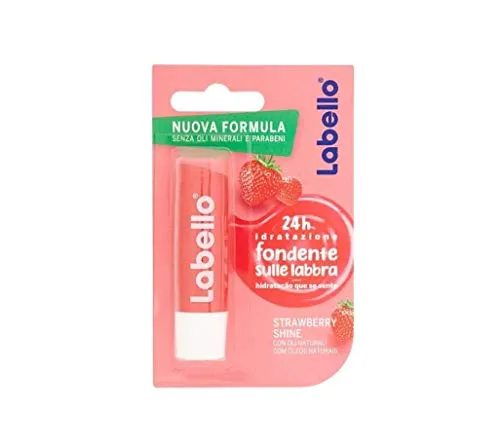 Labello Strawberry Shine Lippenbalsam, 4,8 g, farbenfroher und pflegender Lippenbalsam mit Erdbeergeschmack, 24 Stunden feuchtigkeitsspendender Lippenbalsam mit natürlichen Inhaltsstoffen