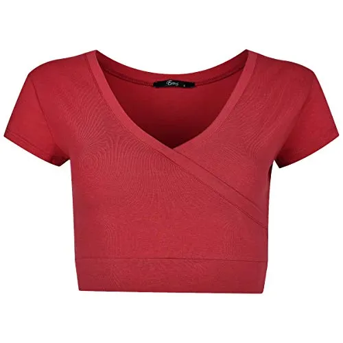 Evoni Damen T-Shirt mit V-Ausschnitt - Atmungsaktives Crop Top in Bordeaux - T-Shirts für Damen: Blickdichtes, kurzärmeliges Crop Top aus zertifizierter Baumwolle für angenehmen Tragekomfort. Ideal für Alltag und Sport, kombinierbar mit Jeans oder Rock.