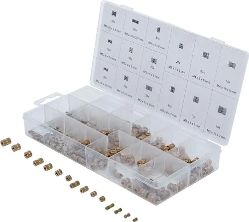 BGS Einpressmuttern-Sortiment Messing 330-tlg. - Gewindeschneider-Sets mit hochwertigem Messingmaterial, hitzebeständig und ideal für präzise Montagen in konischen Löchern. Perfekt für Notebooks, elektrische Geräte und mehr.