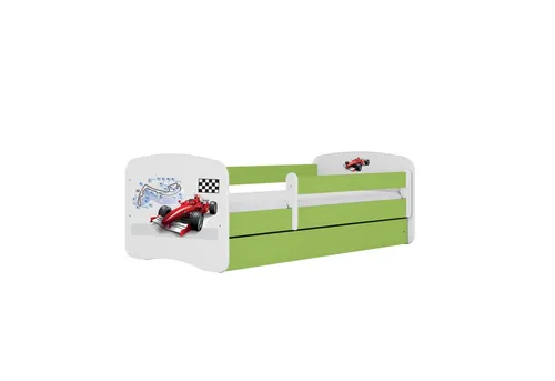 Raumhirsch Kinderbett Formel 1, Grün, 90x180 cm - Modernes Kinderbett in Grün mit Formel 1 Motiv, inklusive abnehmbarer Schutzschiene und geräumiger Schublade für Stauraum. Ideal für ein sicheres und stilvolles Kinderzimmer.