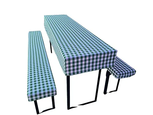 Bierzeltgarnitur Auflage (3er Set) aus 1x Tischdecke und 2X Bierbankhussen. Größe und Farben wählbar. (110 x 60 cm, Grün kariert)