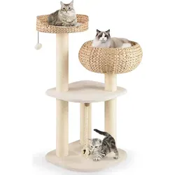 GOPLUS Kratzbaum für Katzen mit Sisal-Säulen und geräumiger Aussichtsplattform - Beige - Vielseitiger Katzenkratzbaum mit robustem Konstruktionsholz und atmungsaktivem Wasserhyazinthen-Material. Ideal zum Spielen und Entspannen, unterstützt die natürliche Kratzlust Ihrer Katze und schützt Möbel.
