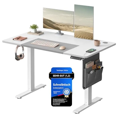 SONGMICS Höhenverstellbarer Schreibtisch 120 x 60 cm | Schreibtisch höhenverstellbar elektrisch, USB-C-Anschluss, Memory-Funktion mit 4 Höhen, wolkenweiß-Taubengrau LSD015W02