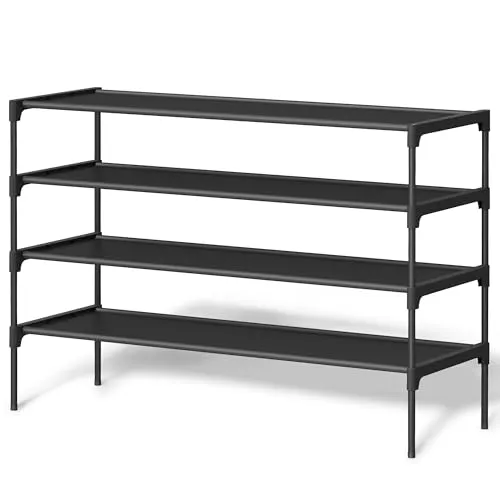 SONGMICS Schuhregal 4 Ebenen, Metallrahmen, 91,8 x 29,7 x 70,5 cm | Schuhaufbewahrung, Vliesstoff-Ablage, platzsparend, Eingangsbereich, Flur, tintenschwarz, RYLAN Kollektion LSH034BH01