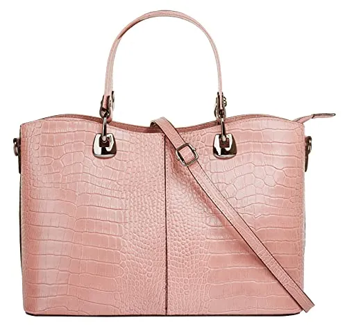 Cluty Handtasche Damen 021168 - Elegante rosa Croco-Look Tasche - Modische Handtasche im angesagten Croco-Look aus 100% Rindleder. Mit zweigeteiltem Hauptfach und Bodennägeln für optimalen Schutz und festen Stand.