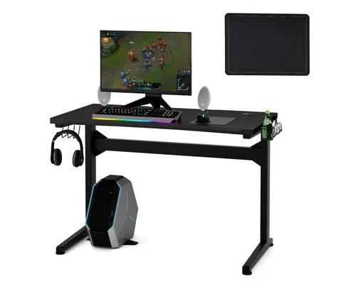 COSTWAY Gamingtisch, mit Tassen- & Kopfhörerhalter, Mauspad, Stahlgestell
