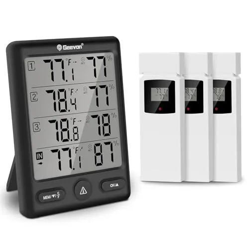 Geevon Funk Thermometer Innen Außen mit 3 Fernsensoren, Thermometer Hygrometer Feuchtigkeit Digital, Temperatur und Luftfeuchtigkeitsmesser mit 60M/200FT Reichweite (228646 TN Schwarz ohne Batterie)