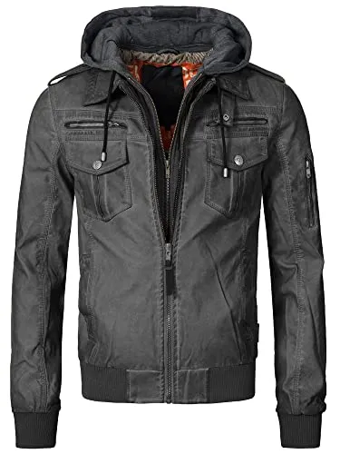 Indicode Herren Aaron Lederjacke mit abnehmbarer Kapuze | Kunstlederjacke Übergangsjacke Raven, XXL