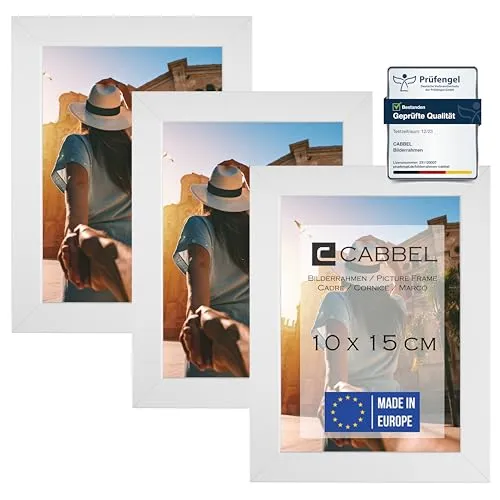 CABBEL (3er Set Bilderrahmen 10x15 cm, Weiß, stabiles MDF-Holz Rahmen, bruchsicherem Plexi-Glas, zum Aufhängen & Aufstellen, ideal für Fotos/Bilder/Collage