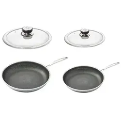 HENSSLERS Pfannenset 4tlg. inkl. Deckel 24 & 28cm Edelstahl - Pfannen Set aus Edelstahl und Aluminium für optimale Bratergebnisse, hitzebeständige Silikongriffe und für alle Herdarten geeignet – ideal für vielseitige Küchenkreationen.