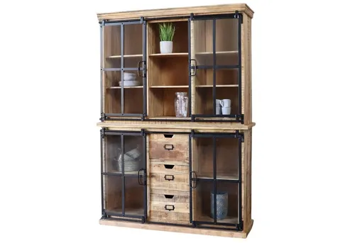 baario Vitrine FINE Vintage 150cm - Vitrine aus massivem Mangoholz & Eisen, 3 Schubladen, fertig montiert – ideal für stilvolle Aufbewahrung im Wohnzimmer.