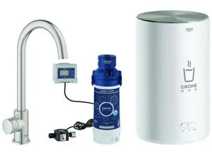 GROHE Red Mono Standventil und Boiler Größe M - Küchenarmatur mit C-Auslauf für sofort heißes Wasser, modernes Design in Supersteel-Finish und hohe Funktionalität für Ihre Küche.
