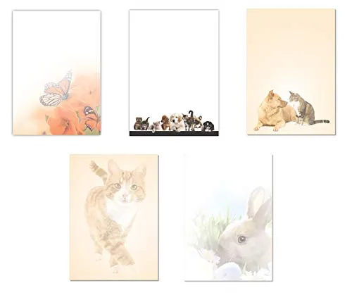 Blatt Motivpapier Briefpapier Mix DIN A4 Schmetterlinge Hund Katze Maus Hase (Tiere-5241) 5 x 5