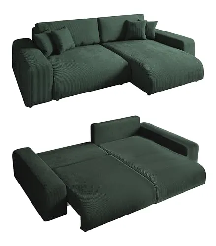 luma-home Ecksofa 21005 mit Schlaffunktion, 255x165 cm, Cord-Bezug Grün - Stylisches Ecksofa mit Schlaffunktion und Bettkasten - ideal für Ihr Wohnzimmer! Hochwertige Wellenunterfederung für optimalen Sitzkomfort und flexible Ottomane für individuellen Einsatz.