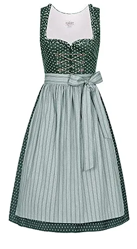 Nübler Dirndl Midi Damen THEA - 2-teiliges Set inkl. Kleid und Dirndlschürze im Landhausstil - Rocklänge 70cm, Elegantes Design in Grün - Moderne bayrische Tracht, Größe:42