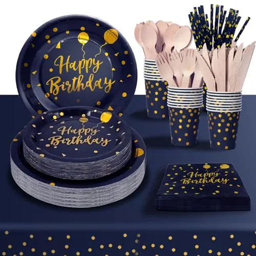PYAILI Happy Birthday Navyblau Gold Party Teller Set 24 Gästes
