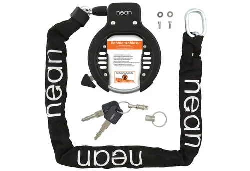 nean Rahmenschloss mit Kette und Schlüsselanhänger - Fahrradschlösser mit doppelter Absicherung: extrem robustes Ringschloss und 90 cm lange gehärtete Stahlkette, idealer Schutz gegen Diebstahl und Lackschäden.
