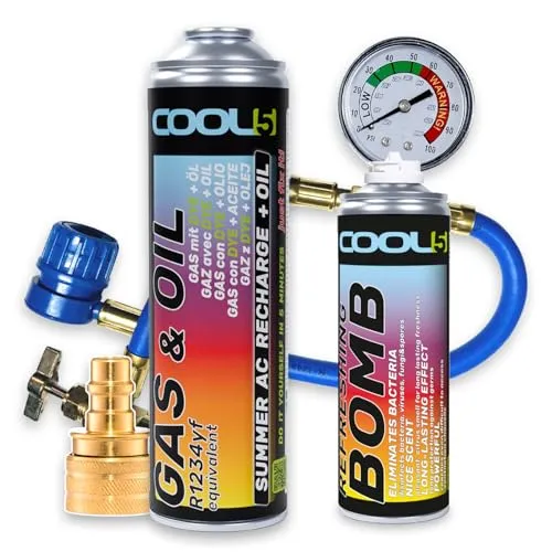 Cool5 Summer AC Recharge + Öl KIT - Klimaanlagen-Reparaturset - Kältemittel-Gas-Ersatz mit Öl (R1234yf Gas-Ersatz) mit Messschlauch + Adapter YF - für Autos ab Baujahr 2017, 290g + Refreshing Bomb
