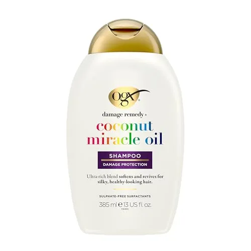 OGX Coconut Miracle Oil Shampoo 385 ml, feuchtigkeitsspendendes Haarshampoo mit Kokosöl für trockenes, geschädigtes und krauses Haar und angenehmen Kokosduft